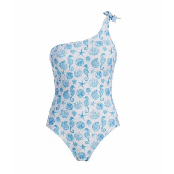 Aqua One piece Swimsuit Bathing Suit LARGE - Blue Seashells Seahorse Sealife - Picture 3 of 16